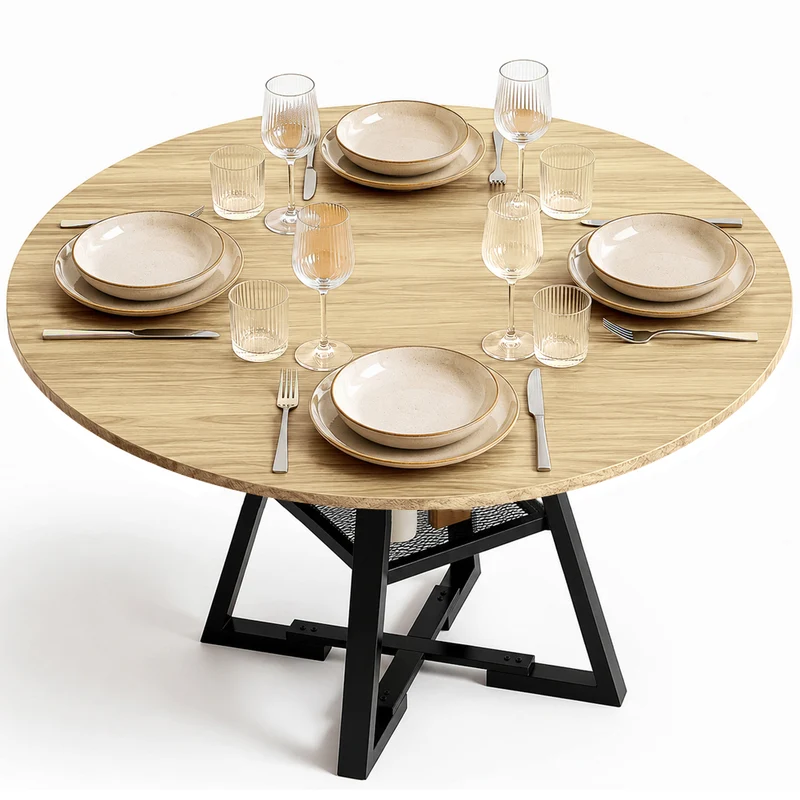 Tavolo per Sala da Pranzo Tondo Naturale con Ripiano Portaoggetti 120x120x76cm