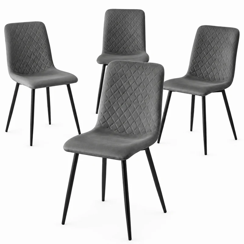 Set 4 Sedie Grigio con Rivestimento in Velluto e Piedi Neri Seduta Ergonomica