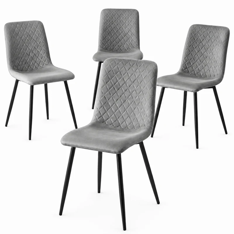 Set 4 Sedie Grigio Chiaro Rivestimento in Velluto e Piedi Neri Seduta Ergonomica
