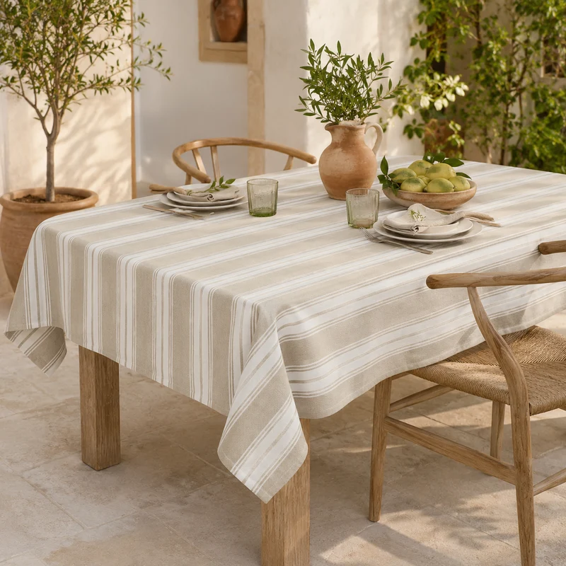 Tovaglia a righe beige e bianco in cotone 140x180 cm – Brownie