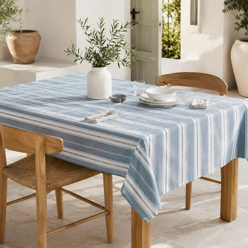 Tovaglia a righe azzurro e bianco in cotone 140x180 cm – Ottanio