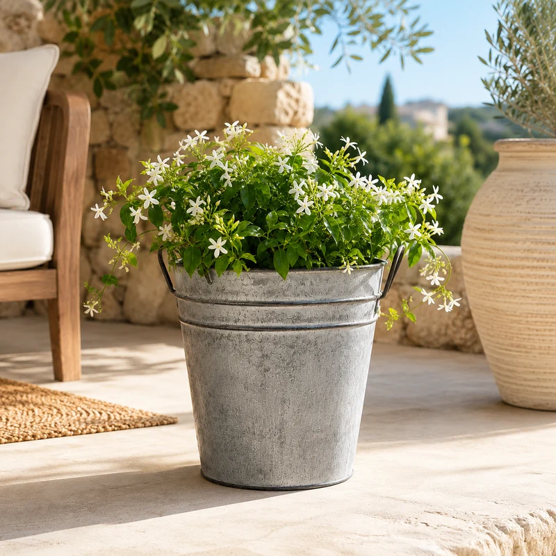 Fioriera rotonda in metallo white washed con manici 17,5x14,5 cm