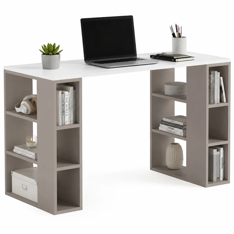 Scrivania Libreria 6 Ripiani Tavolo Porta Pc Computer Legno Casa Ufficio Tortora