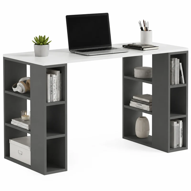 Scrivania Libreria 6 Ripiani Tavolo Porta Computer Casa Ufficio Bianco Antracite