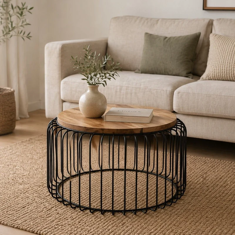 Mesa de centro industrial tapa de madera y acero Rodius