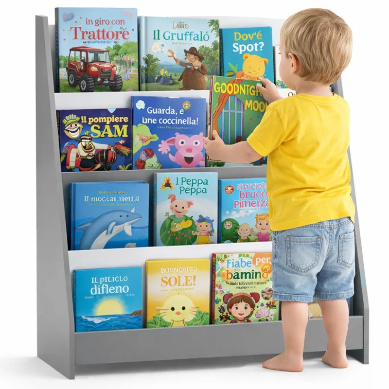 Libreria Montessoriana Grigio in Legno Scaffale Porta Libri Bambini 80x30x88cm