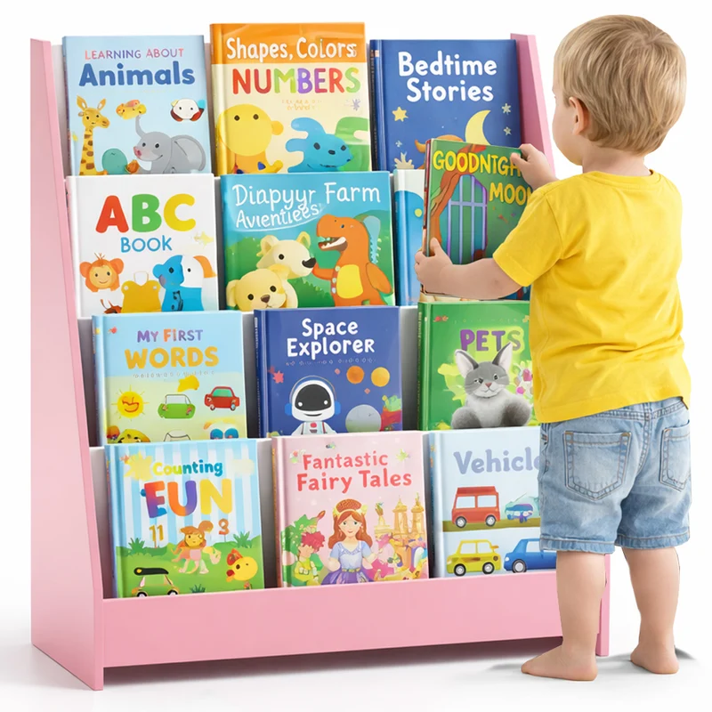 Libreria Montessoriana Rosa in Legno Scaffale Porta Libri per Bambini 80x30x88cm