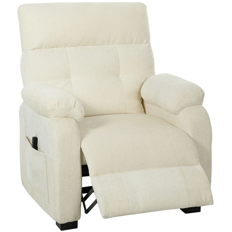 Poltrona Reclinabile 150° Effetto Velluto con Poggiapiedi Telecomando e Tasca Laterale 96x90x105 cm Bianco