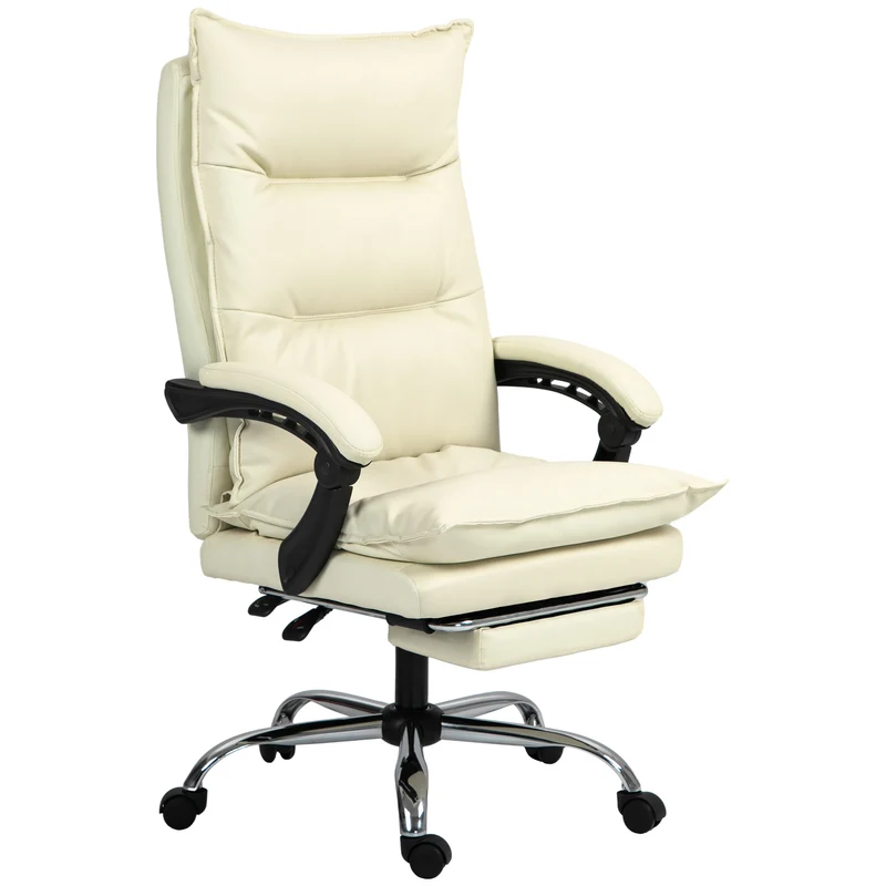 Sedia Ufficio Ergonomica Girevole e Reclinabile con Poggiapiedi in Finta Pelle Beige