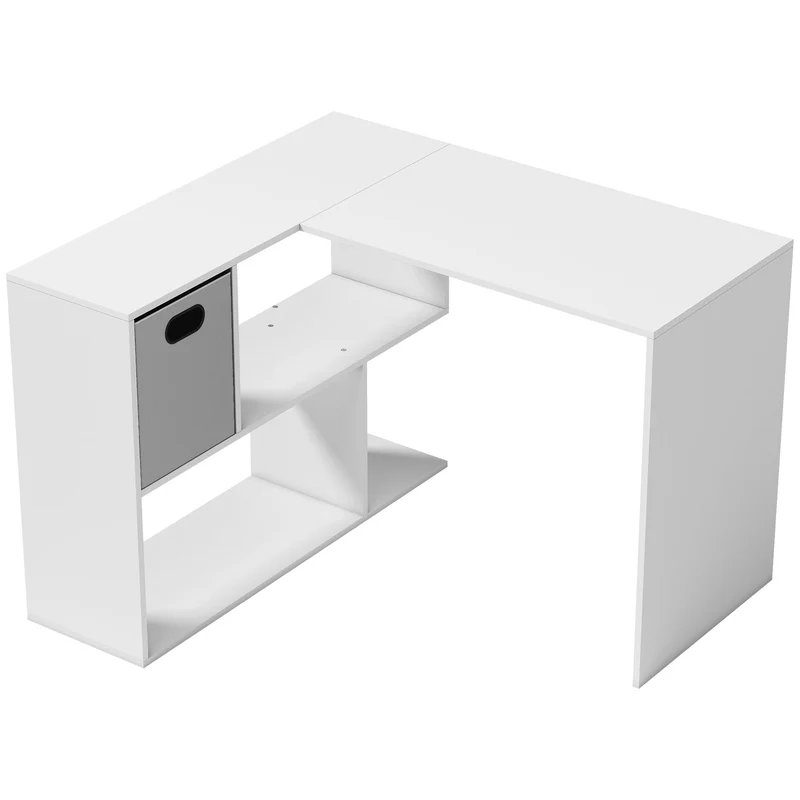 Scrivania Angolare Moderna 110x100x75 cm con Scaffale e Cassetto in Tessuto Bianco