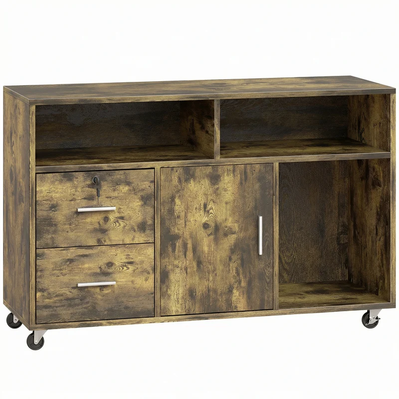 Mobile Porta Stampante 100x35x65 cm a Rotelle con 2 Cassetti 3 Ripiani e 2 Armadietti in Legno Marrone
