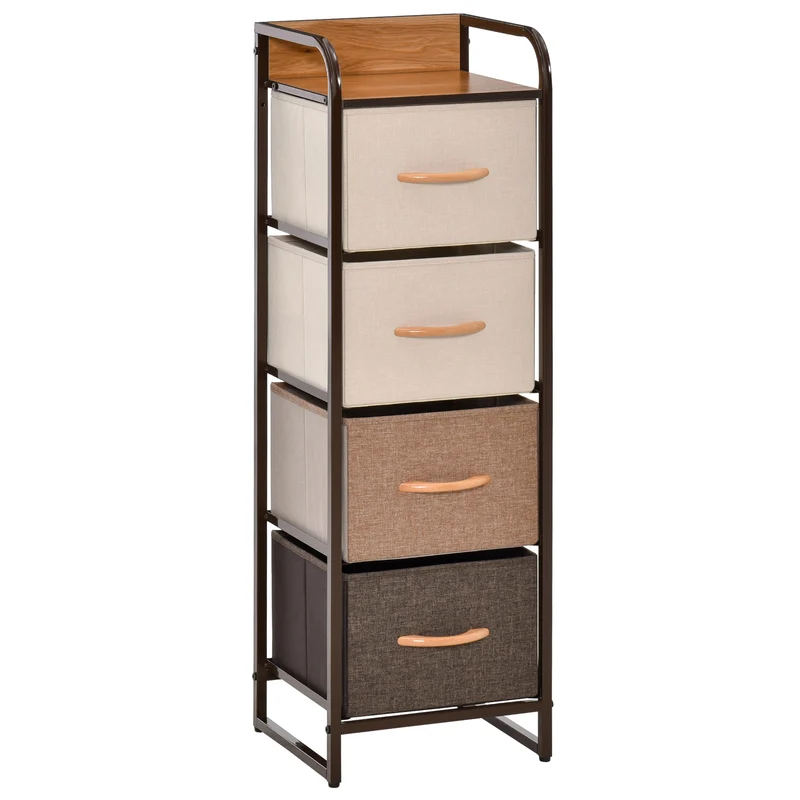 Cassettiera 4 Cassetti Pieghevoli 31x29x99 cm in Tessuto e Struttura in Legno e Metallo Multicolore