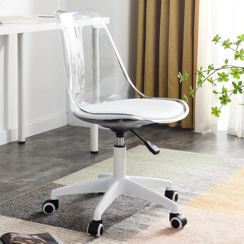 Sedia da Ufficio Poltrona da Studio Girevole Ergonomica con Ruote in PP e Schiuma Trasparente e Bianco
