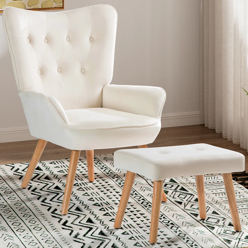 Poltrona da Salotto con Sgabello Poggiapiedi in Velluto Beige