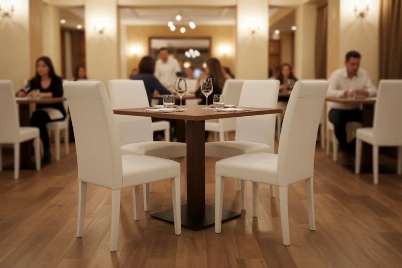 Set Caserta – Tavolo da ristorante Noce con Base Centrale Nera + 4 Sedie Roma Imbottite in Ecopelle