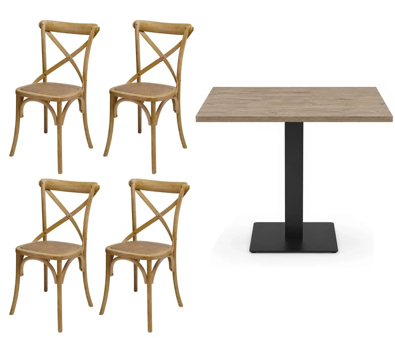 Set tavoli e sedie da ristorante Reggio Calabria – Tavolo 80×80 Rovere Antico + 4 Sedie Croce Rattan Naturale