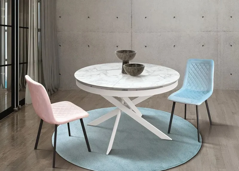 Tavolo Rotondo Allungabile in Ceramica Arabesco e Gambe in Metallo – Stile Moderno Contemporaneo – Made in Italy – Ø 120 cm / 170×120 cm – H 77 cm