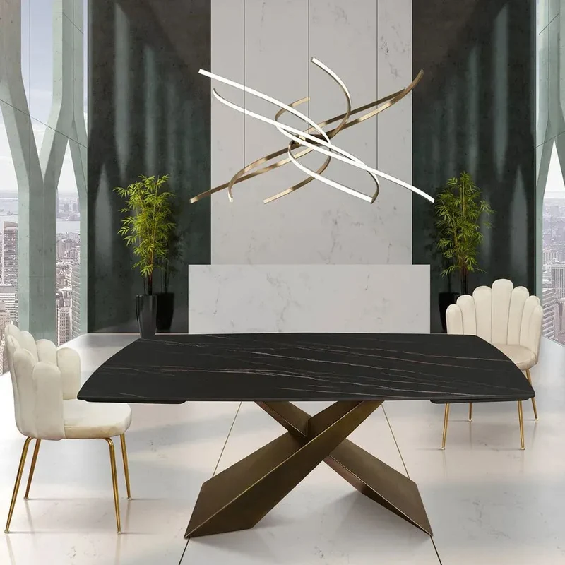 Tavolo Effetto Marmo Allungabile con Piano in Ceramica e Gambe in Metallo Bronzo – Stile Moderno – Made in Italy – 160/240×90 cm, 180/260×90 cm – H 76 cm