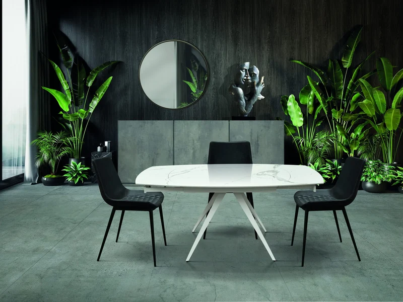 Tavolo Allungabile in Ceramica Effetto Marmo Statuario o Grigio Grafite e Gambe in Metallo – Stile Moderno Contemporaneo – Made in Italy – 120/180×80 cm – H 76 cm