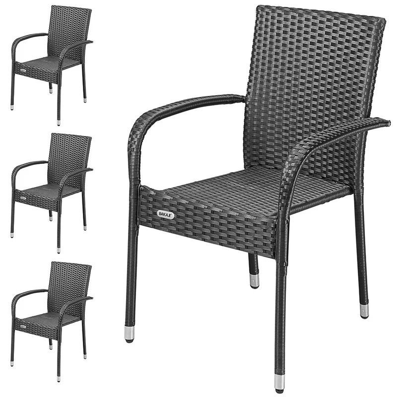 Set 4 Sedie Pranzo da Esterno Polyrattan e Acciaio Design Moderno Giardino Nero
