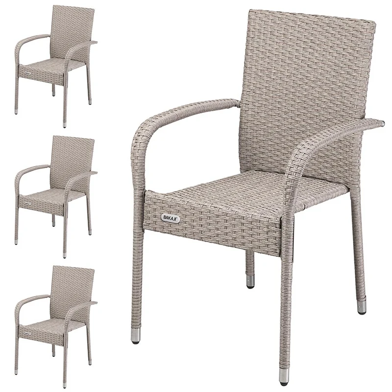 Set 4 Sedie Pranzo da Esterno Polyrattan e Acciaio Design Moderno Giardino Crema