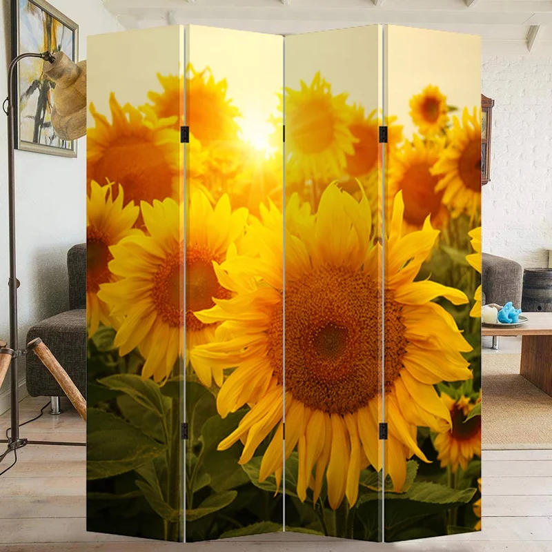 Paravento Separe' 4 Pannelli Struttura Legno Stampa Girasoli Grandezza 180x161cm