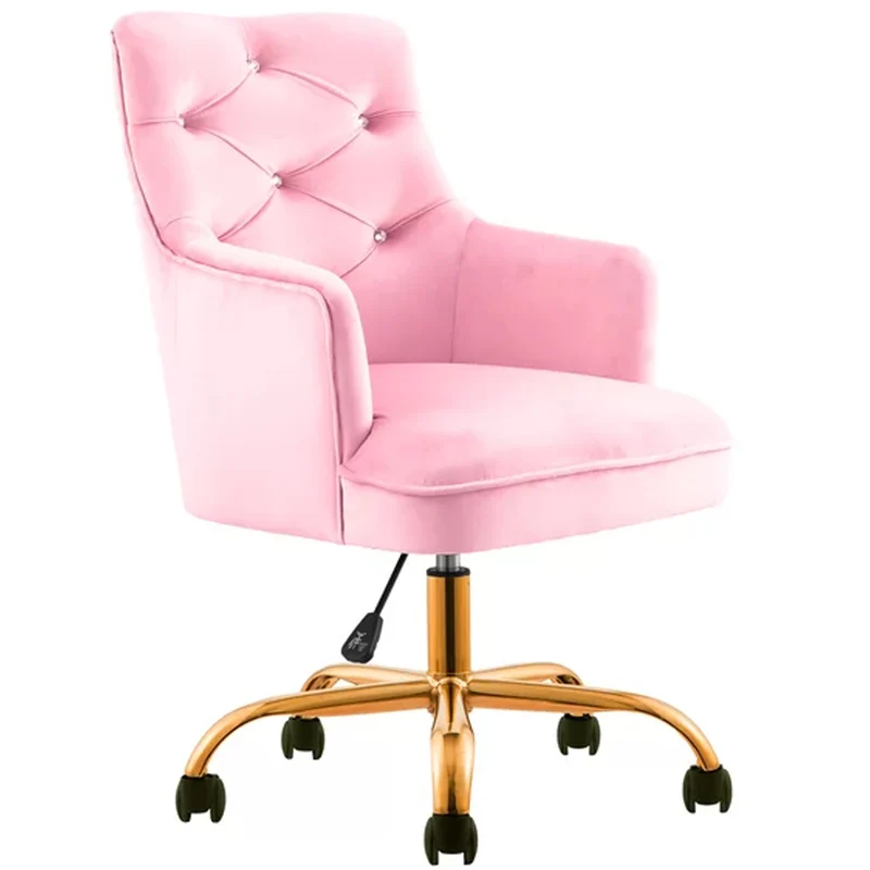 Sedia da Ufficio Ergonomica Girevole 360° Poltrona in Velluto Rosa e Gambe Oro