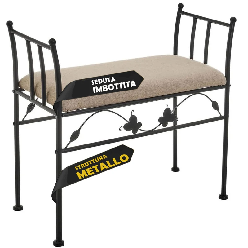 Panca Poggiapiedi Camera da Letto Pouf Sgabello Tessuto Metallo Nero 68x64x30cm