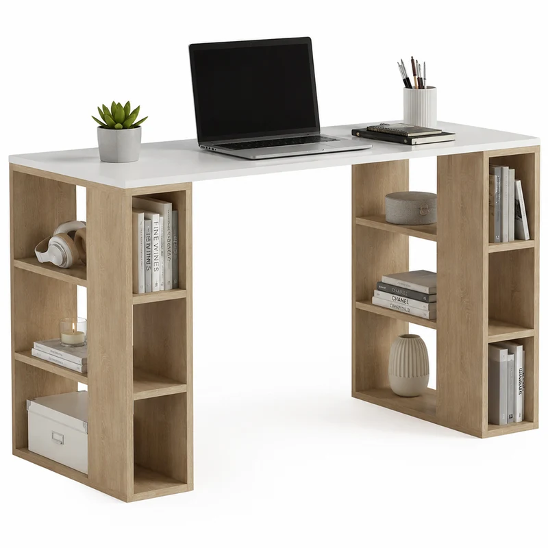 Scrivania Libreria 6 Ripiani Tavolo Porta Pc Computer Legno Casa Ufficio Quercia