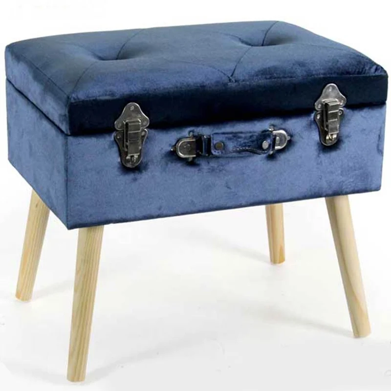 Pouf Contenitore Valigia Apribile Sgabello Cassapanca Poggiapiedi Tessuto Blu