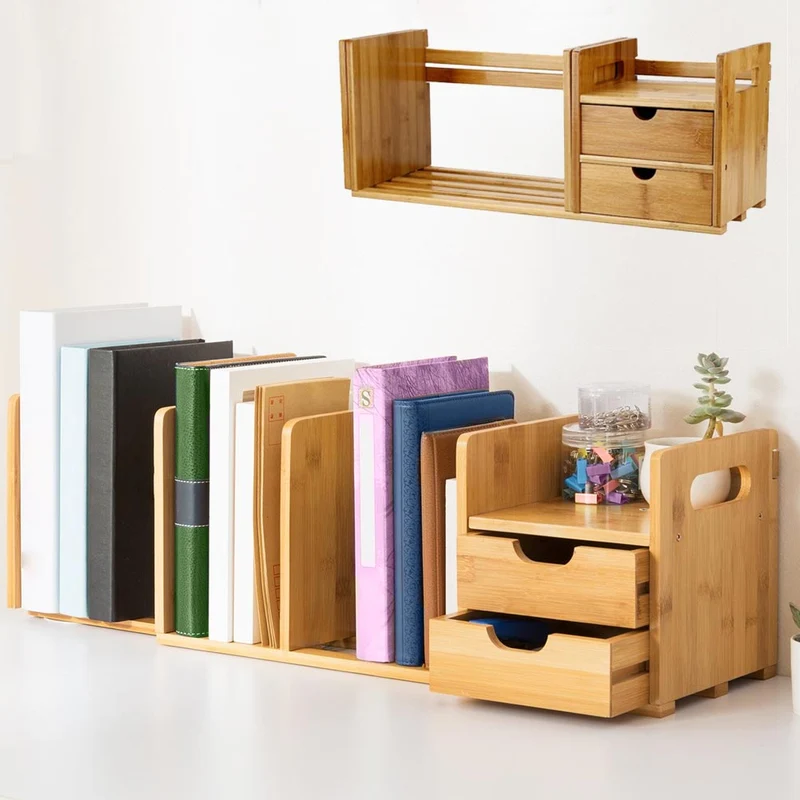Organizer Libreria Scrivania Estensibile 4 Ripiani Tavolo 2 Cassetti Legno Bambu
