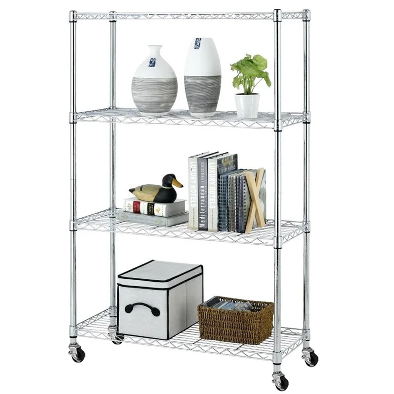 Scaffale 4 Ripiani Acciaio Cromato Mobile Libreria Multiuso 4 Ruote 90x35x143cm