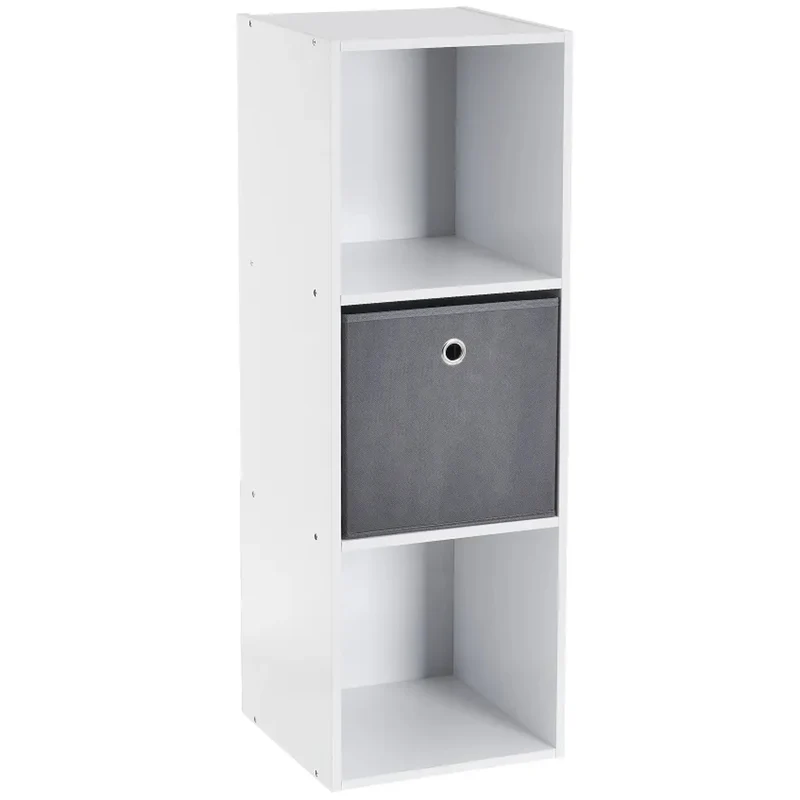 Libreria Scaffalatura 3 Ripiani in MDF Bianco 30x28x89 cm con 1 Cesto in Tessuto