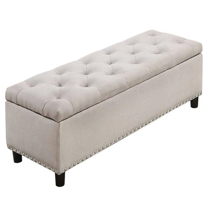 Cassapanca Pouf Contenitore Panca Sgabello Poggiapiedi Legno e Tessuto Beige