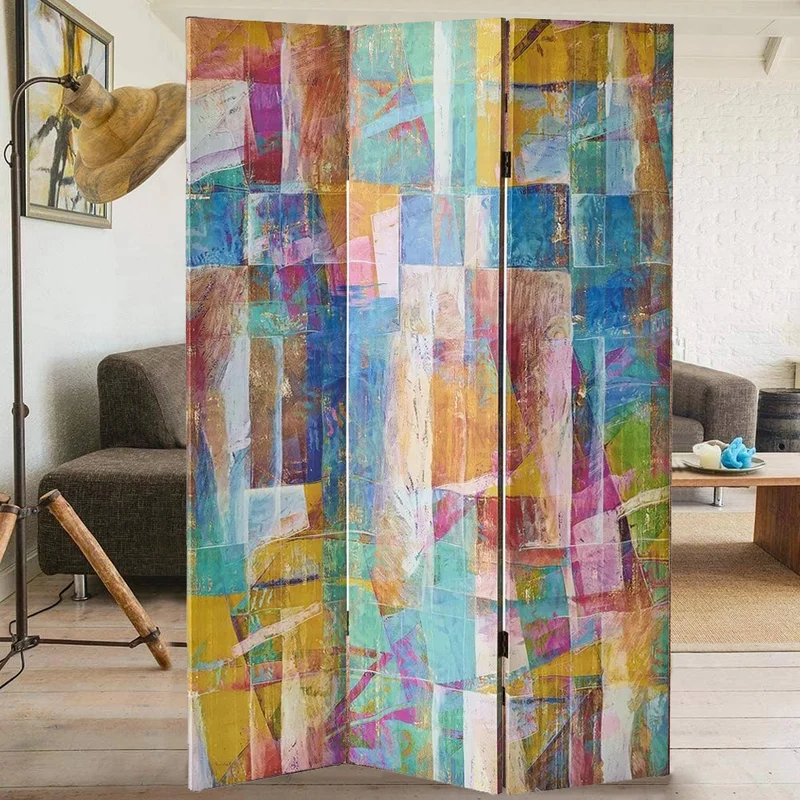 Paravento Separé 3 Pannelli Struttura Legno Stampa Tela Artista Astratta 180x120cm