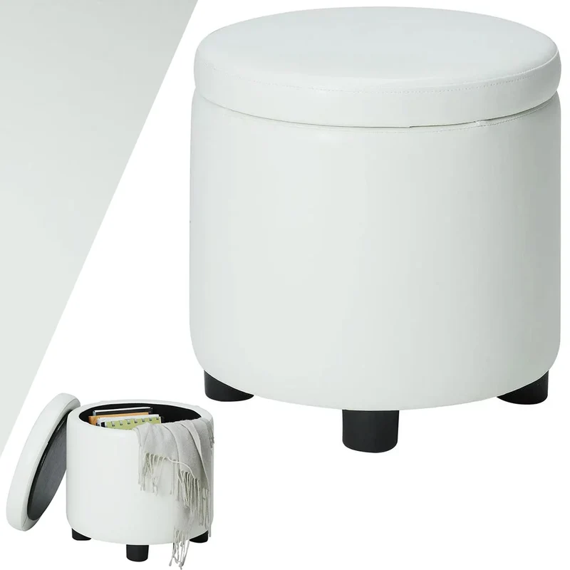 Pouf Contenitore Poggiapiedi in Ecopelle Bianco Sgabello Apribile 40x40x40.5 cm