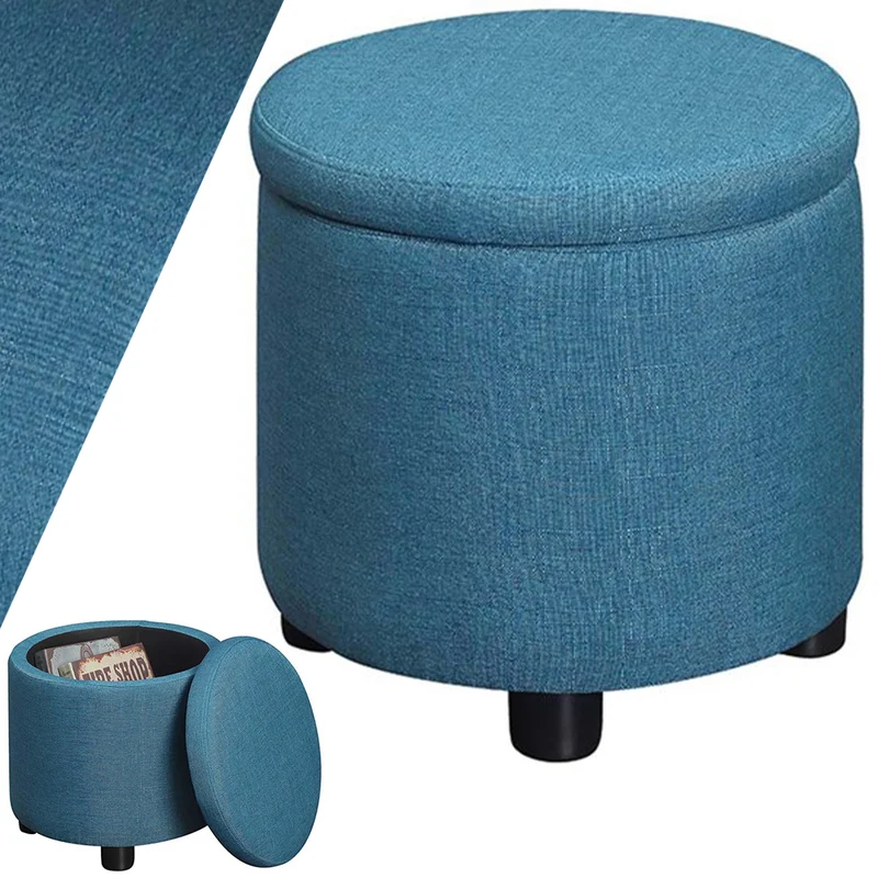 Pouf Contenitore Poggiapiedi in Tessuto Blu Sgabello Apribile 40x40x40.5 cm