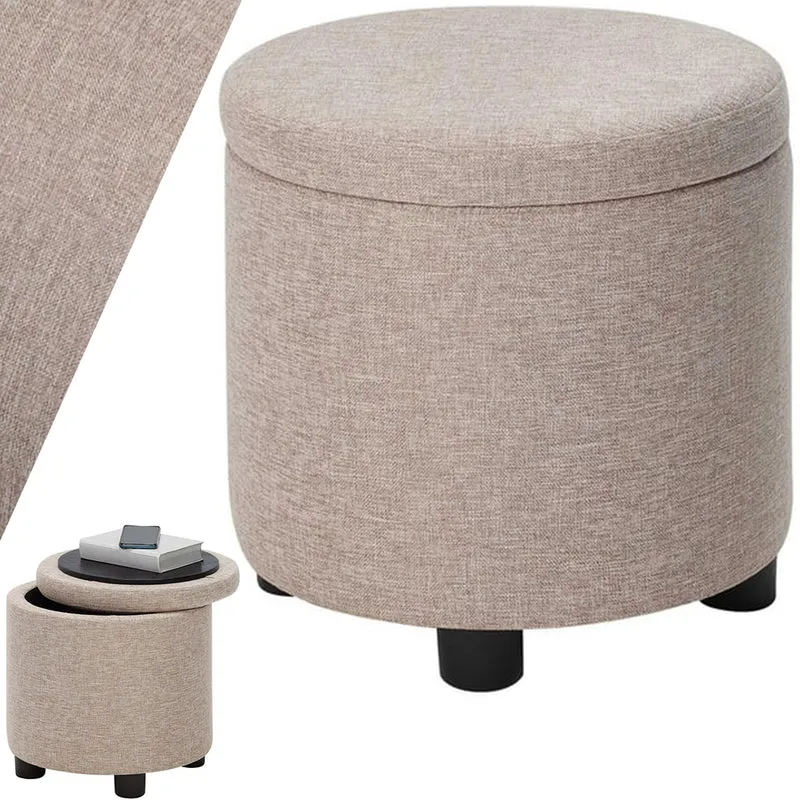 Pouf Contenitore Poggiapiedi in Tessuto Beige Sgabello Apribile 40x40x40.5 cm