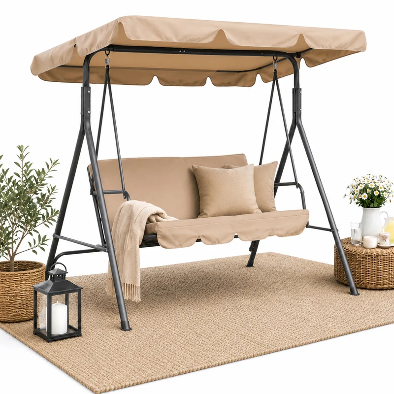 Dondolo Altalena da Giardino 3 Posti in Acciaio con Parasole Regolabile Beige