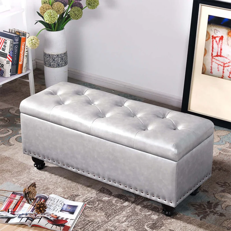 Pouf Panca Contenitore in Ecopelle Cassapanca Capiente Divanetto Grigio Chiaro