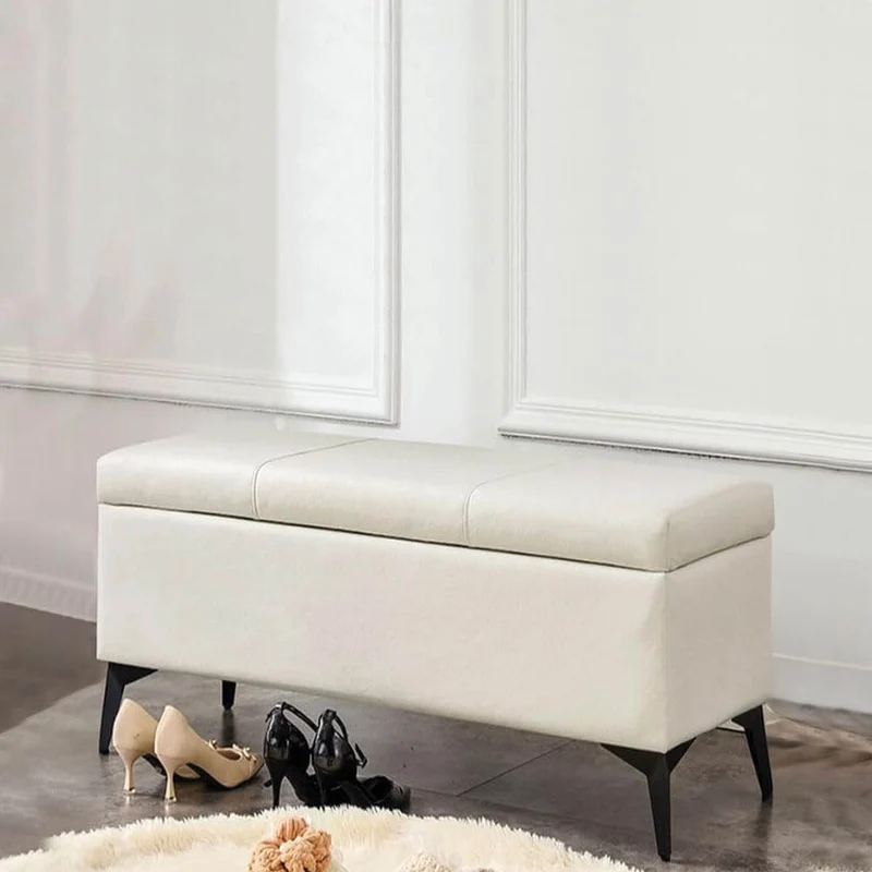 Cassapanca Contenitore Ecopelle Divano Panca Pouf con Piedini in Metallo Beige