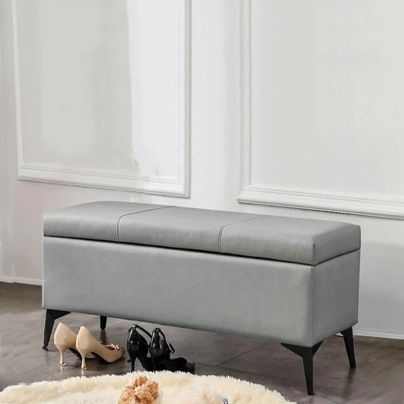 Cassapanca Contenitore Ecopelle Panca Pouf con Piedini in Metallo Grigio Chiaro