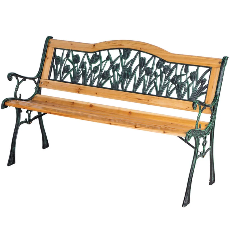 Panchina da Esterno Panca Giardino Seduta in Legno Schienale Decorato Tulipani
