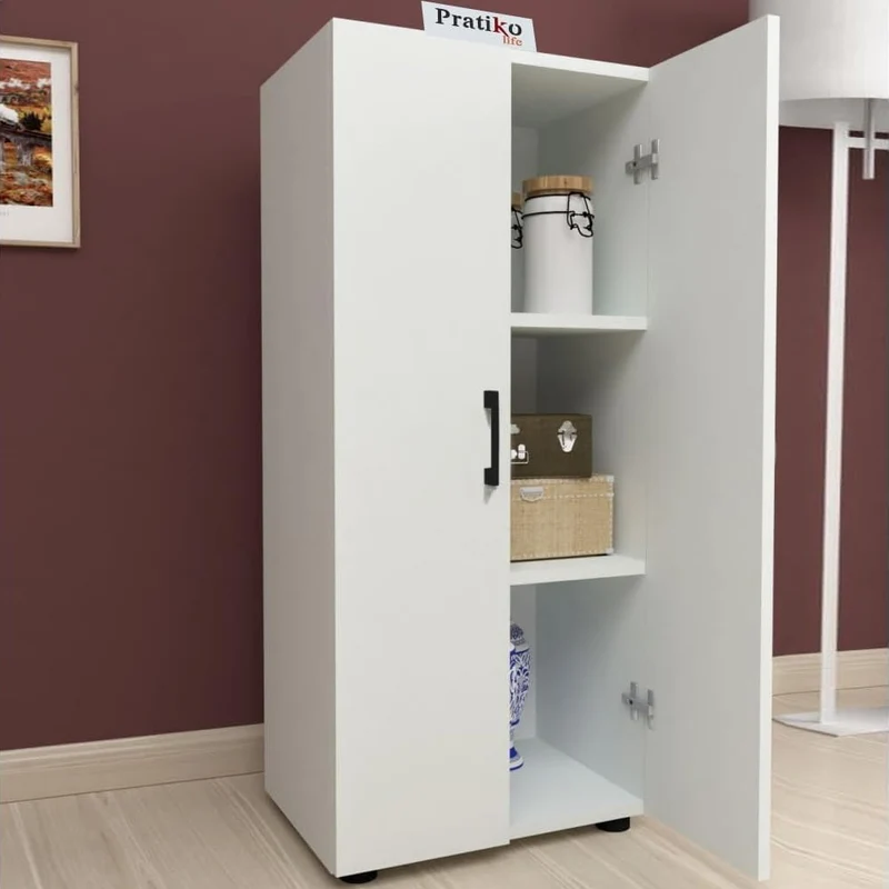Mobile Multiuso con 2 Ante e 3 Ripiani Legno Bianco Maniglie Nere 49x32x108.5cm