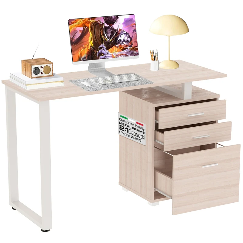 Scrivania con Cassettiera Tavolo Porta Pc Computer Acciaio Piano in Legno Olmo