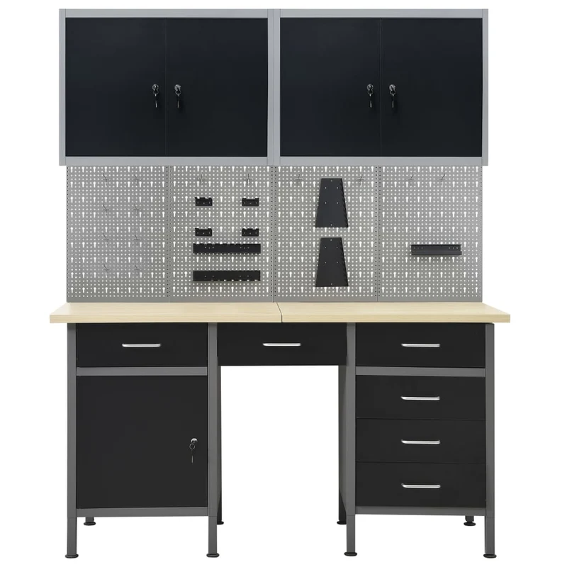 Banco da Lavoro Acciaio 160x60x85 cm 6 Cassetti 4 Pannelli 2 Armadietti Officina