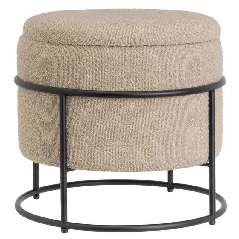Pouf Poggiapiedi Contenitore Rotondo in Metallo Oro e Tessuto Beige 43x43x40 cm