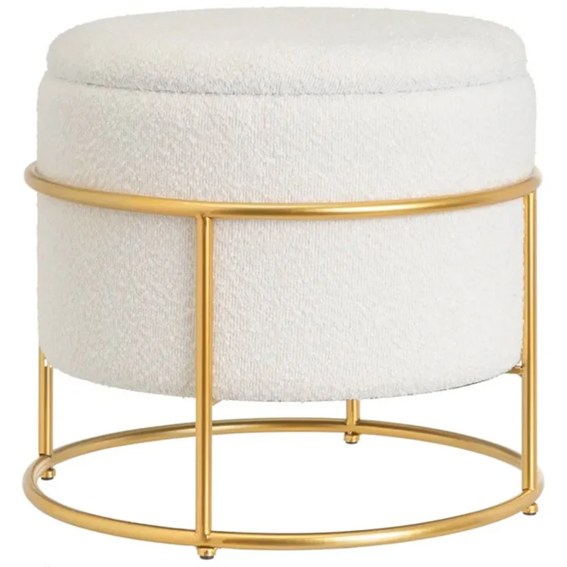 Pouf Poggiapiedi Contenitore Rotondo in Metallo Oro e Tessuto Ecru 43x43x40 cm