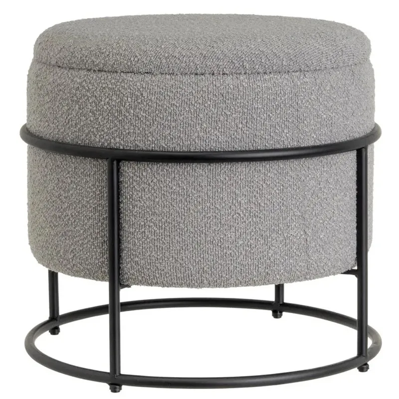 Pouf Poggiapiedi Contenitore Rotondo Nero e Tessuto Grigio Chiaro 43x43x40cm