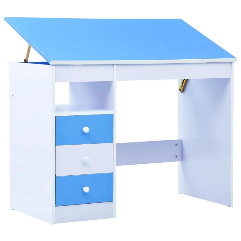 Scrivania da Disegno per Bambini in Legno con Piano Inclinabile Blu e Bianca